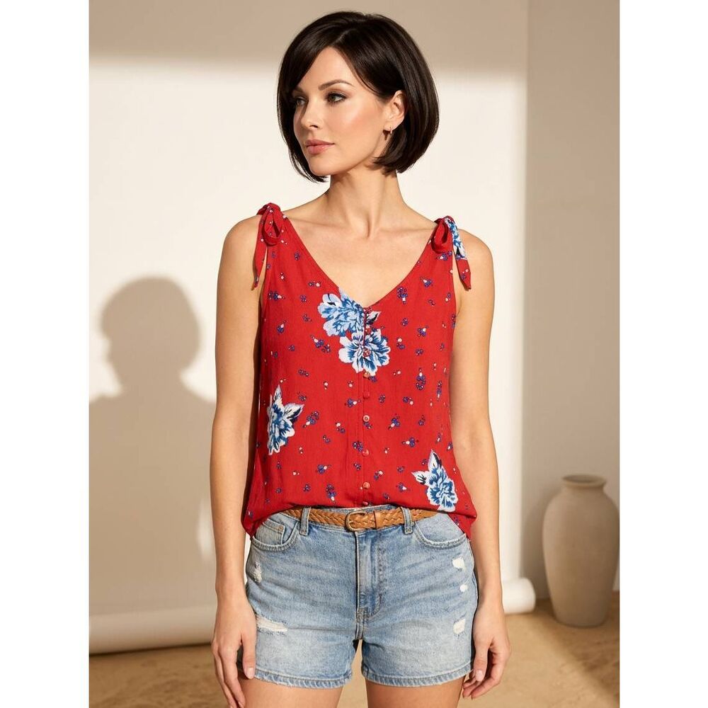 🔺️Live & Let Live Red Floral Shoulder Tie Sleeveless Top Medium